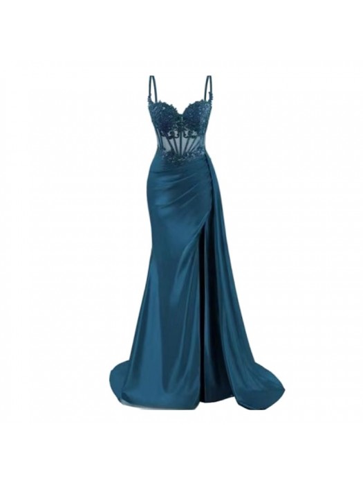 Vestito Donna Maxi Diciottesimo Festa Occasione Speciale Party Dress Blu Petrolio 110551